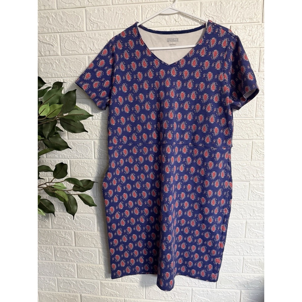 Duluth Trading Co Women Blue Paisley Sheath Dress L Short Sleeve V-Neck Pockets